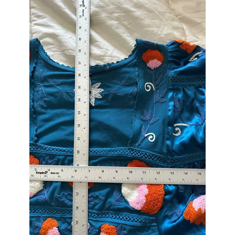 Free People Intimately Blue Tufted Floral Embroidered Bodysuit Bell Sleeves M
